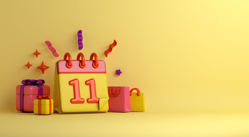 11.11-Shopping-day-sale-background-with-calendar-gift-box-shopping-bag-copy-space-text-3D-rendering-illustration