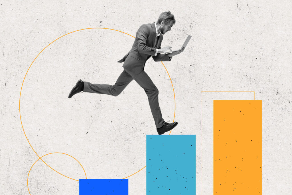 Hard work. Young man, businessman, finance analyst or clerk in business clothes isolated on abstract art background.