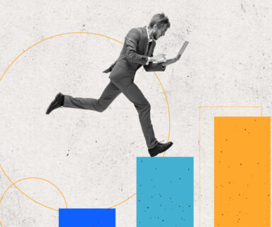 Hard work. Young man, businessman, finance analyst or clerk in business clothes isolated on abstract art background.