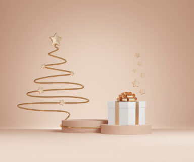 3D-Christmas-background.-Beige-podium-display-set-with-gift-box-and-Christmas-tree-line-art.-Beauty-cosmetic-product-presentation.-Minimal-pastel-pedestal-showcase.-Abstract-wi