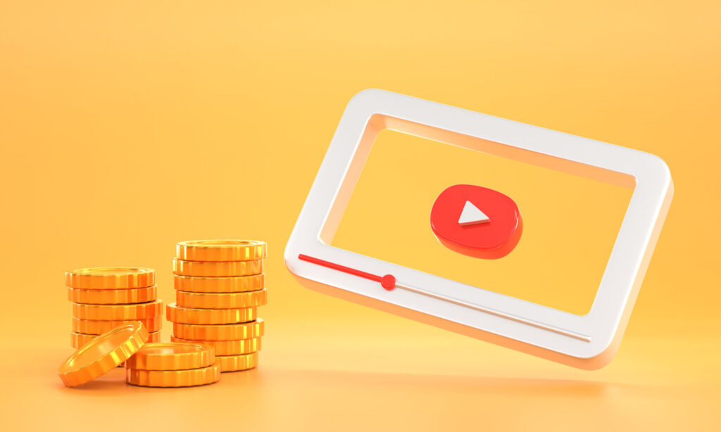 3D-Monetizing-video-content-views-social-media-income-marketing-and-ad-on-channel-website-online-profit.-White-frame-of-video-player-interface-with-red-button-and-stack-gold-coi