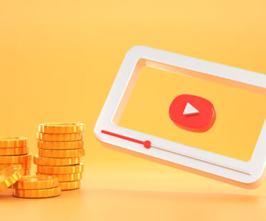 3D-Monetizing-video-content-views-social-media-income-marketing-and-ad-on-channel-website-online-profit.-White-frame-of-video-player-interface-with-red-button-and-stack-gold-coi