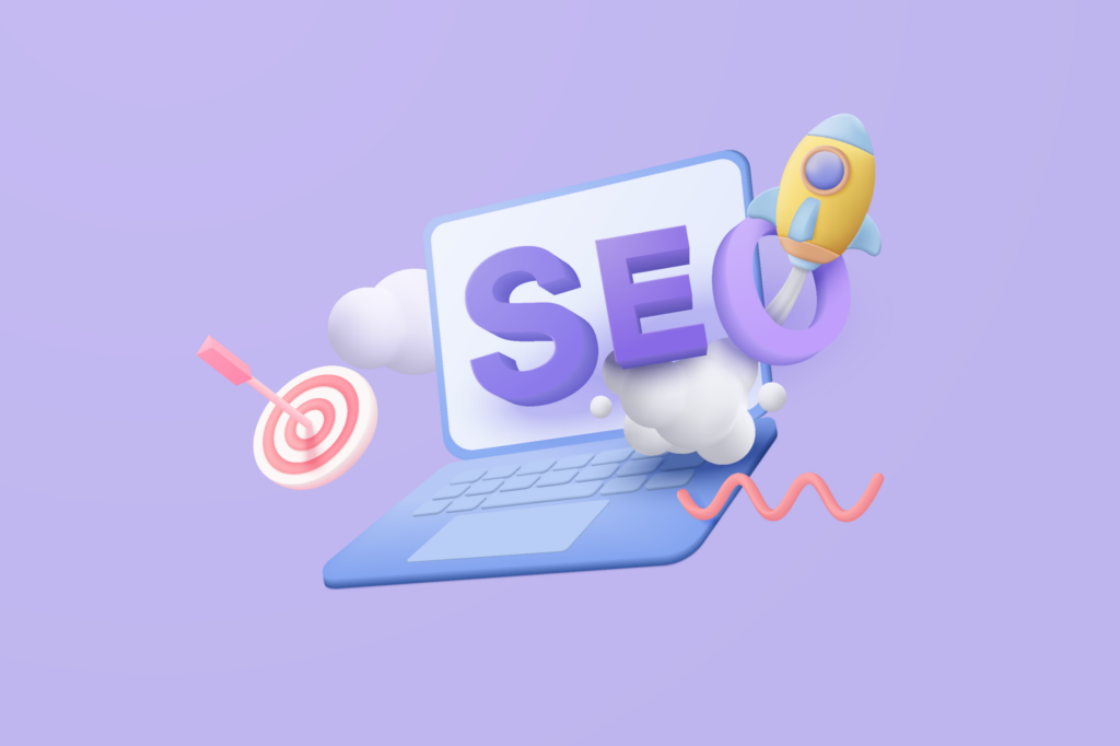 3D-SEO-optimization-with-rocket-for-marketing-social-media-concept.-Interface-for-web-analytics-strategy-and-research-planing-in-laptop.-3d-seo-strategy-vector-icon-render-illustra