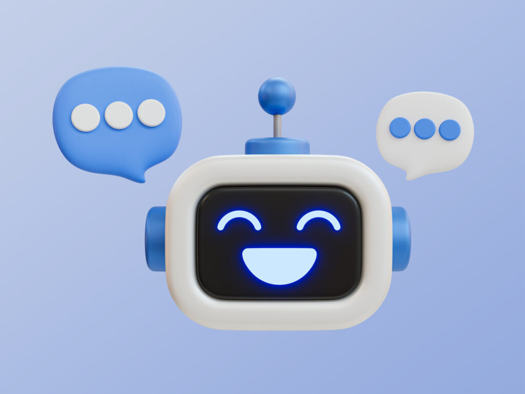 3D illustration of a cheerful robot with chat bubbles.