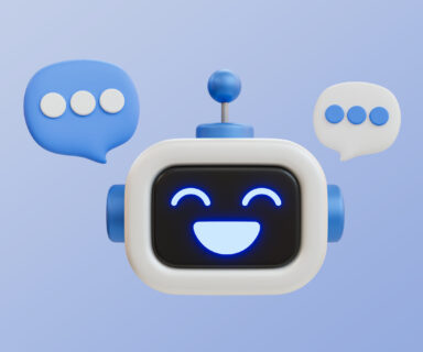 3D illustration of a cheerful robot with chat bubbles.