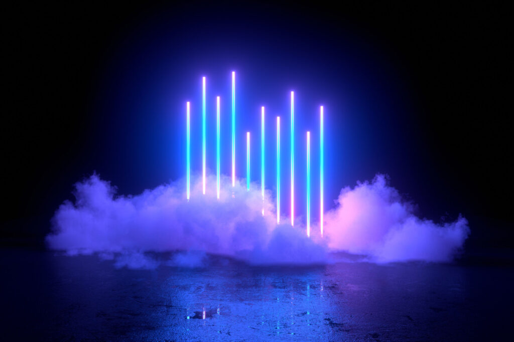 3d-abstract-background-with-ultraviolet-neon-lights-empty-frame-cosmic-landscape-glowing-tunnel-door-with-smoke