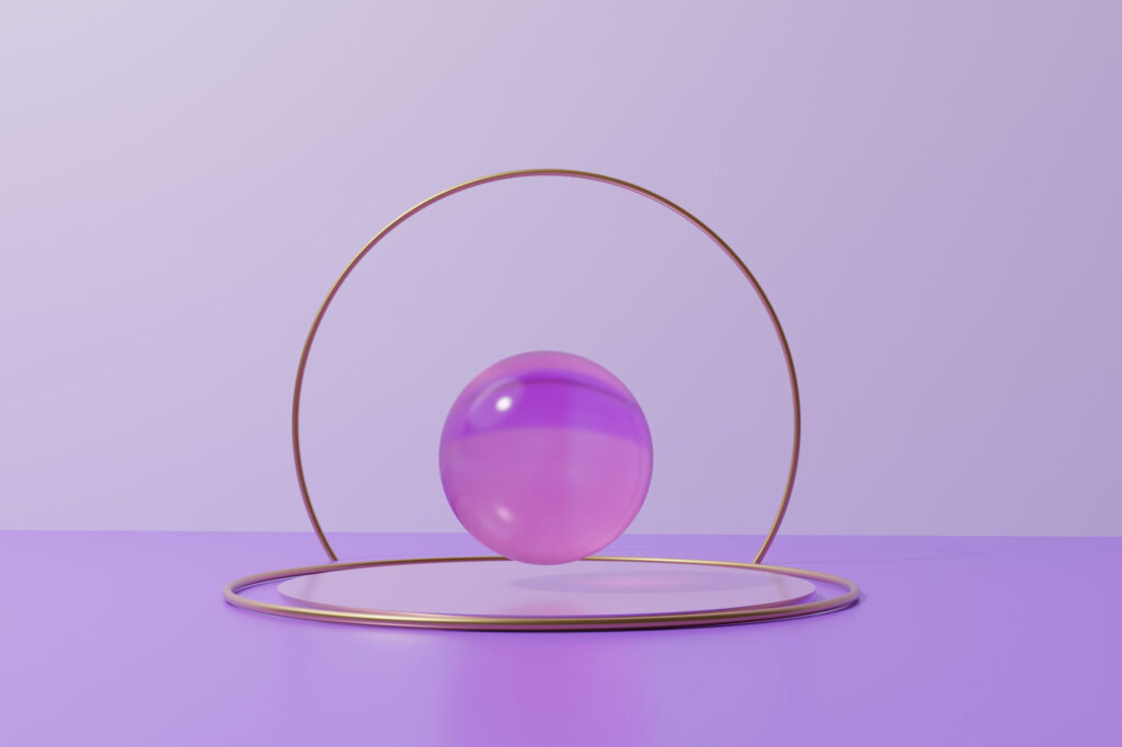 3d-render-of-purple-crystal-ball-on-a-round-podium-with-golden-rings