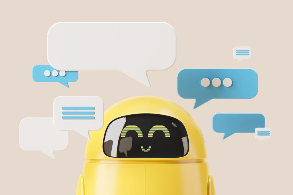 3d-rendering.-Smiling-robot-with-mock-up-texts-bubbles-and-messages