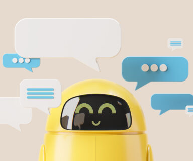 3d-rendering.-Smiling-robot-with-mock-up-texts-bubbles-and-messages