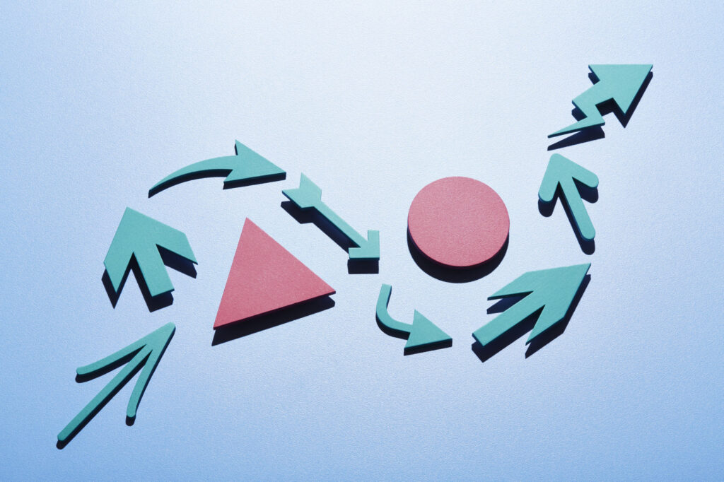 A-group-of-arrows-moving-up-and-around-obstacles