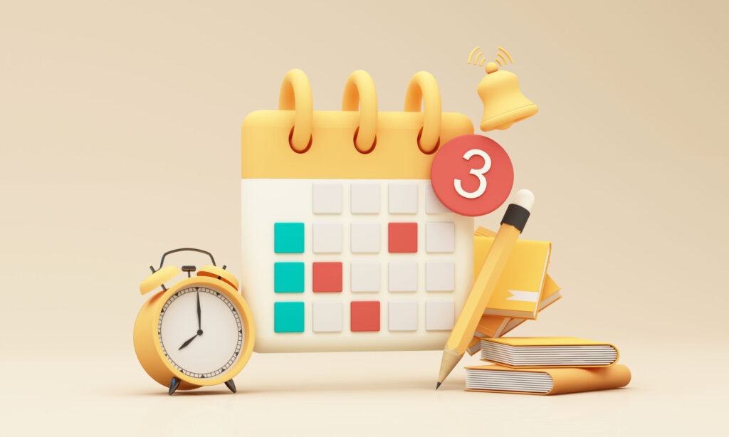 Calendar concept 3D render illustration. Icon composition with calendar scheduled dates and appointments, alarm clock, to-do list with tasks, reminders and messages. event day, holiday planning.