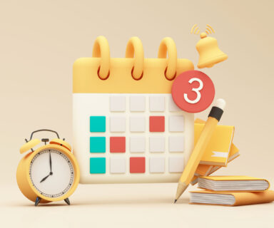 Calendar concept 3D render illustration. Icon composition with calendar scheduled dates and appointments, alarm clock, to-do list with tasks, reminders and messages. event day, holiday planning.