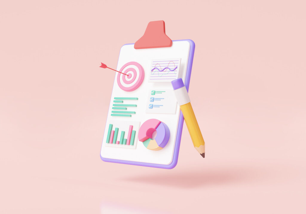 Clipboard-paper-with-Data-analytics-SEO-optimization-dashboard-and-report-chart-checklist-graph-analytic-target-optimization-marketing.-business-financial-concept.-3d-icon-re