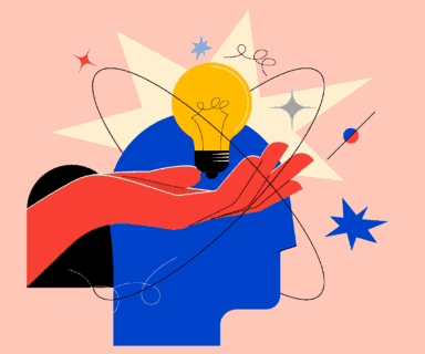 Creative-mind-or-brainstorm-or-creative-idea-concept-with-abstract-human-head-silhouette-and-hand-holding-bulb-lamp-surrounded-abstract-geometric-shapes-in-bright-colors.-Vector-il
