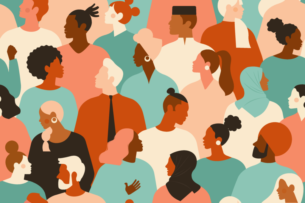 Crowd-of-young-and-elderly-men-and-women-in-trendy-hipster-clothes.-Diverse-group-of-stylish-people-standing-together.-Society-or-population-social-diversity.-Flat-cartoon-vector-