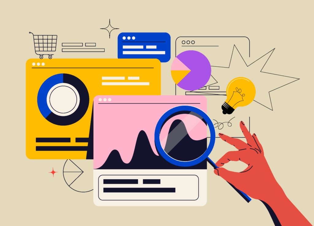 Data-analytics-or-marketing-seo-optimization-illustration-concept-with-abstract-infographics-tabs-and-graphs.-Vector-illustration