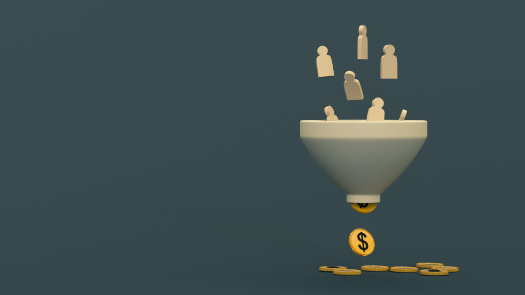Figures-of-people-fall-into-a-funnel-and-turn-into-coins.-Sales-funnel.-Money-funnel.-Marketing-and-attraction.-3D-rendering.-Place-for-text-and-logo