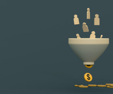 Figures-of-people-fall-into-a-funnel-and-turn-into-coins.-Sales-funnel.-Money-funnel.-Marketing-and-attraction.-3D-rendering.-Place-for-text-and-logo