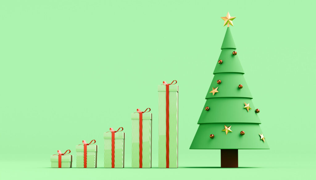 Growth graph made of taller and taller gifts with last pillar being a Christmas tree