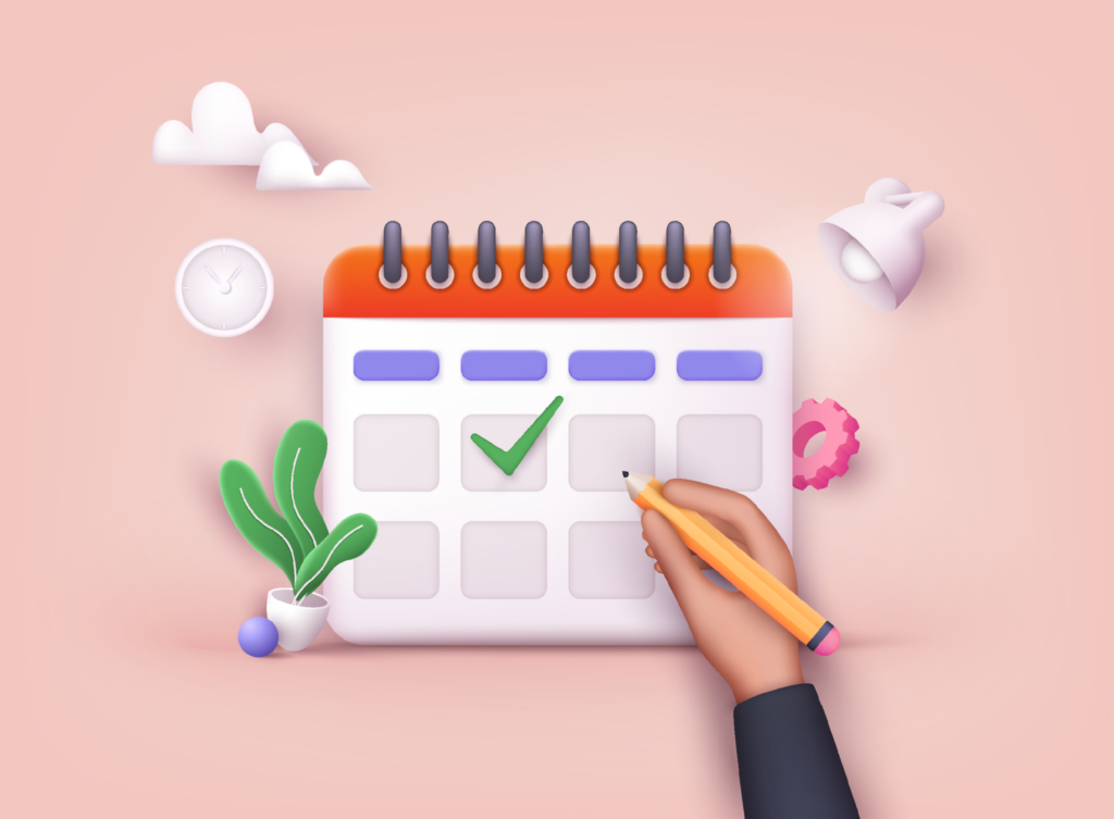 Hand-putting-check-marks-on-calendar.-3D-Web-Vector-Illustrations.