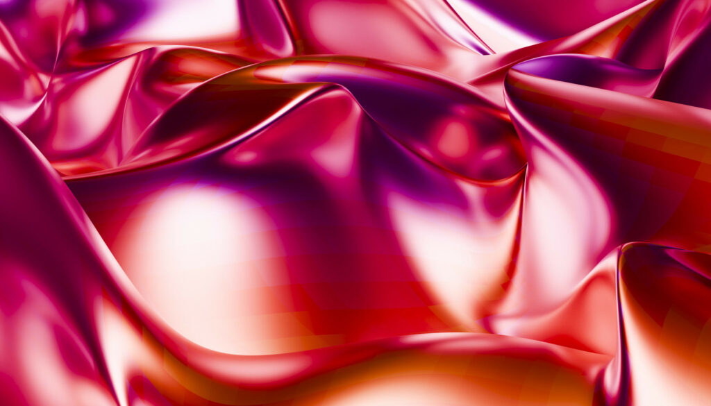 Illustration, smooth waves of pink and red silk-like fabric with a reflective surface creating a luxurious and fluid texture