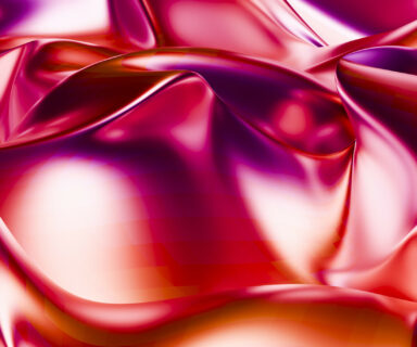 Illustration, smooth waves of pink and red silk-like fabric with a reflective surface creating a luxurious and fluid texture