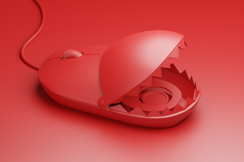 Isometric-3D-rendering-Mouse-red-color-with-Trap-Internet-Technology-Fake-news-in-social-media-concept-design-on-red-background-with-copy-space