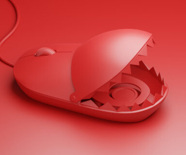 Isometric-3D-rendering-Mouse-red-color-with-Trap-Internet-Technology-Fake-news-in-social-media-concept-design-on-red-background-with-copy-space