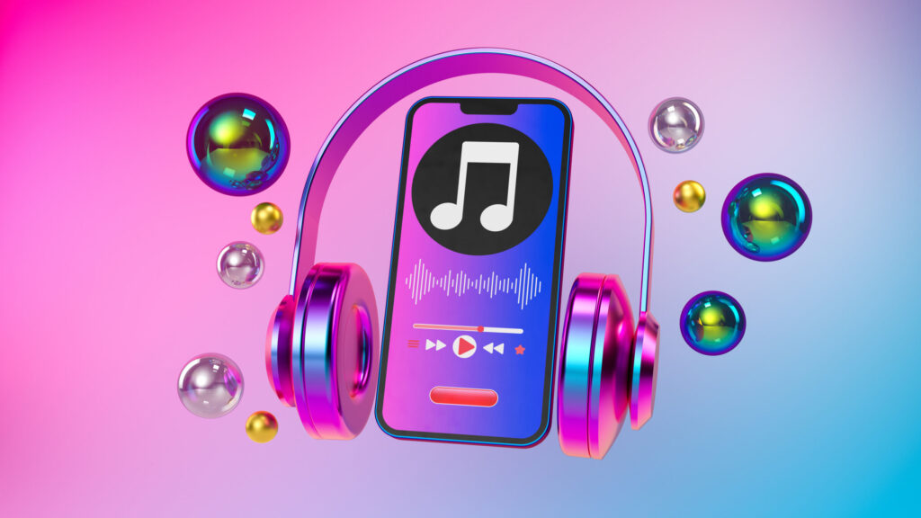 Listening-to-Music-on-a-Mobile-Phone-Music-Player-With-Headphones-3d-Rendering-Music-Application-On-Smartphone