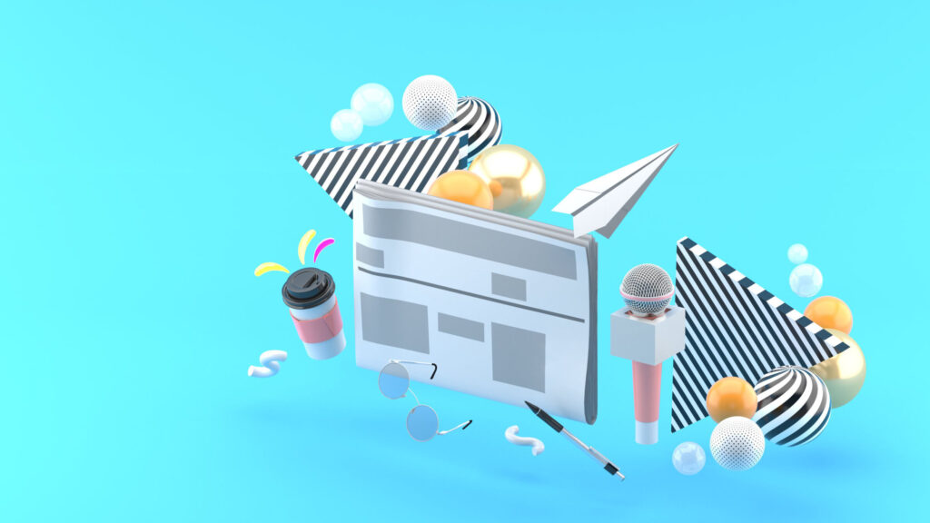 Newspapers-surrounded-by-microphones-coffee-mugs-glasses-and-pens-On-a-blue-background.-3d-rendering