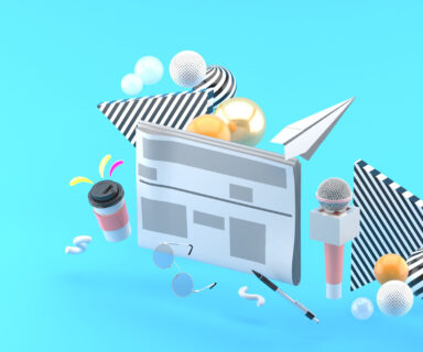 Newspapers-surrounded-by-microphones-coffee-mugs-glasses-and-pens-On-a-blue-background.-3d-rendering