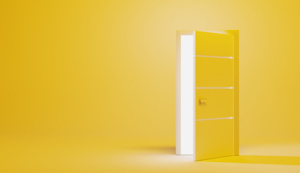 Opening-door-with-white-light-isolated-on-yellow-background-front-view.-Creative-illustration-interior-door-in-empty-room-3d-render-entrance-doorway.-Modern-minimal-concept.-Opp