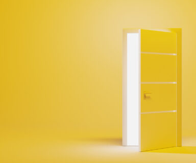 Opening-door-with-white-light-isolated-on-yellow-background-front-view.-Creative-illustration-interior-door-in-empty-room-3d-render-entrance-doorway.-Modern-minimal-concept.-Opp