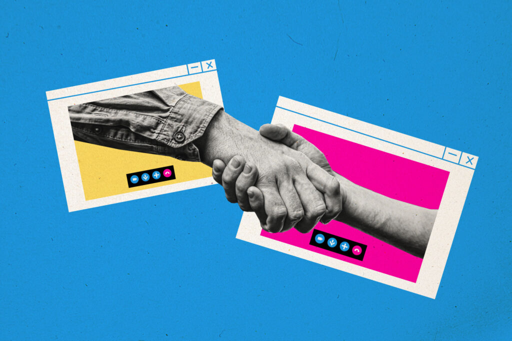 Photo collage virtual online meeting web app internet connection video call man shaking hands deal agreement colleagues coworkers