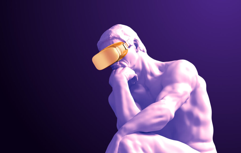 Sculpture-Thinker-With-Golden-VR-Glasses-On-Purple-Background
