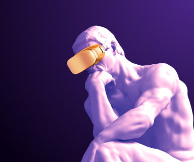 Sculpture-Thinker-With-Golden-VR-Glasses-On-Purple-Background