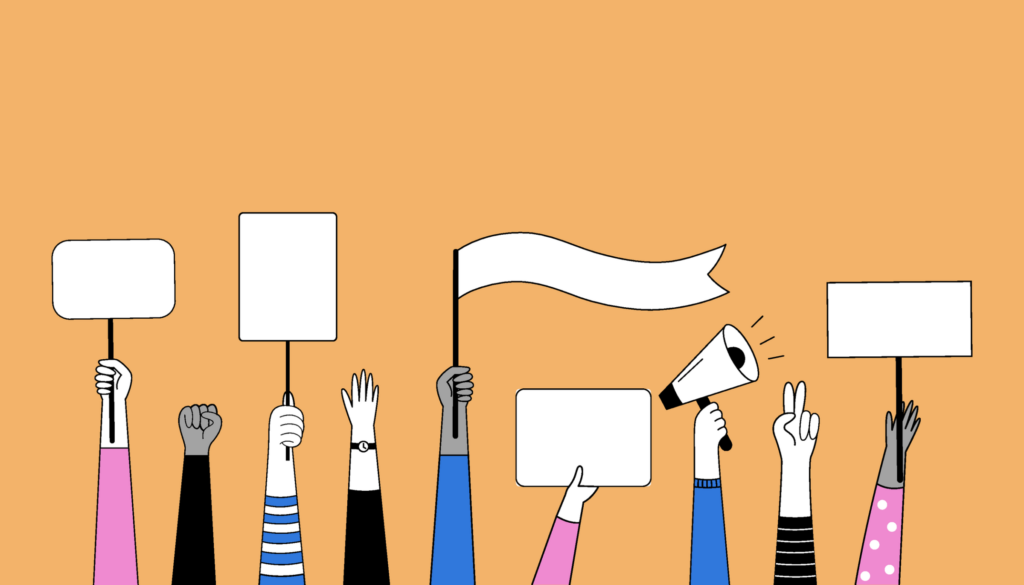 Set-of-hands-with-posters-a-megaphone-signs-banners-and-placards.