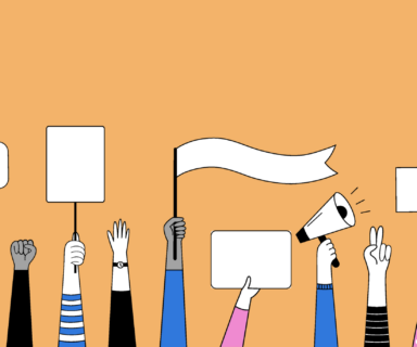 Set-of-hands-with-posters-a-megaphone-signs-banners-and-placards.
