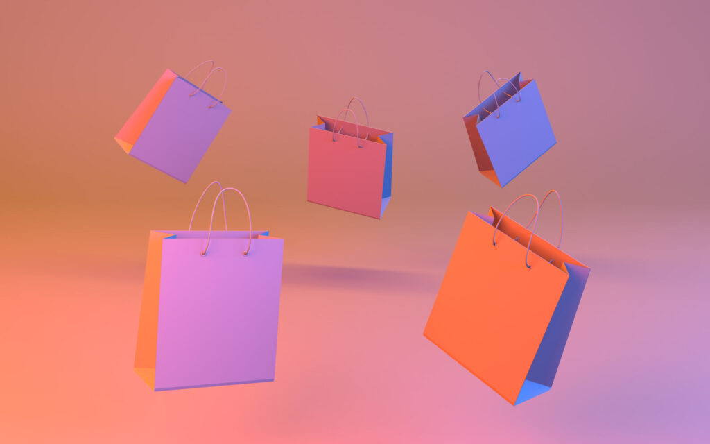 Shopping-bags.-Group-of-multicolored-blank-gift-bags.-3D-render.