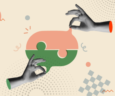 Speech-balloon-puzzle-and-human-hand-in-retro-collage-vector-illustration