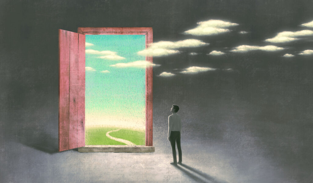 Surreal-art-of-dream-success-and-hope-concept-imagination-artwork-ambition-idea-painting-illustration-man-with-nature-in-a-door