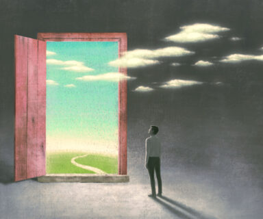 Surreal-art-of-dream-success-and-hope-concept-imagination-artwork-ambition-idea-painting-illustration-man-with-nature-in-a-door
