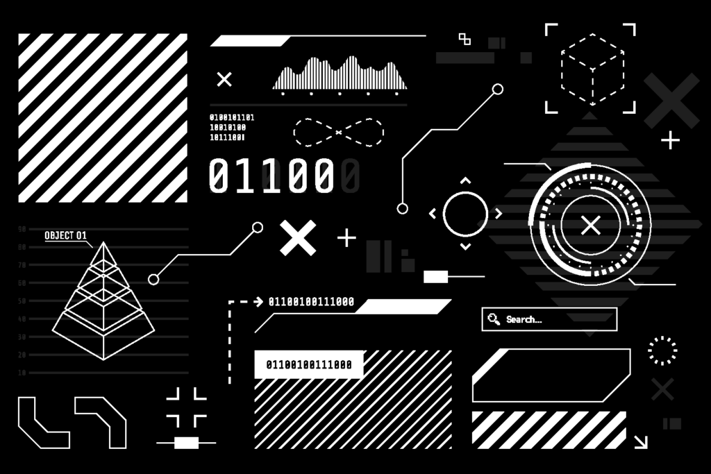 Vector-HUD-graphic-in-futuristic-style.-High-tech-interface-elements-for-your-design.-Digital-touch-screen.-Sci-fi-user-interface-builder-collection.-Black-and-white-colors.-Vector