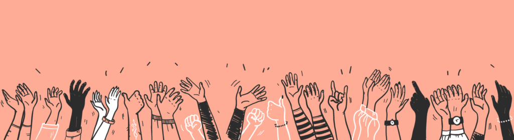 Vector-hand-drawn-sketch-style-illustration-with-black-colored-human-hands-different-skin-colors-greeting-waving-isolated-on-light-background.-Crowd-party-sale-concept.