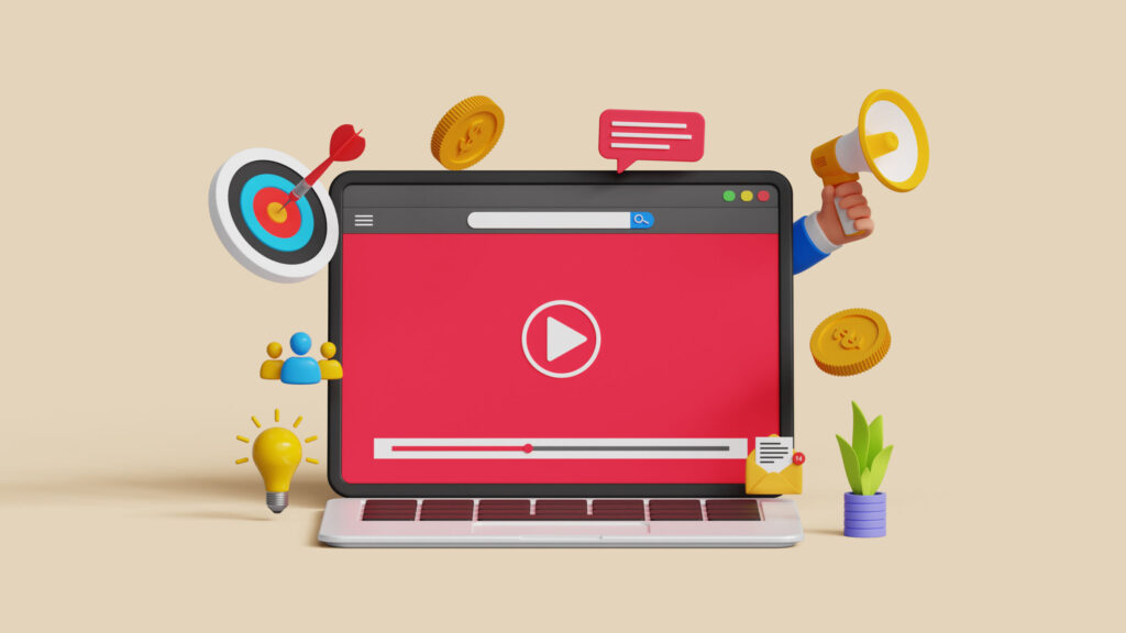 Video marketing or live streaming concept. Content promotion strategy on social media. Video playing on 3D laptop screen