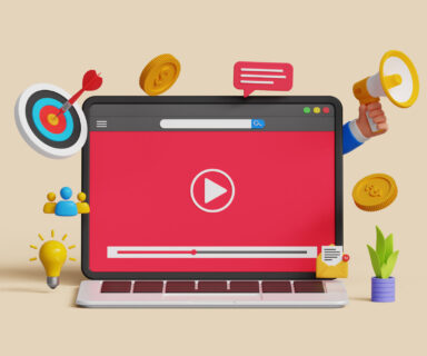 Video marketing or live streaming concept. Content promotion strategy on social media. Video playing on 3D laptop screen