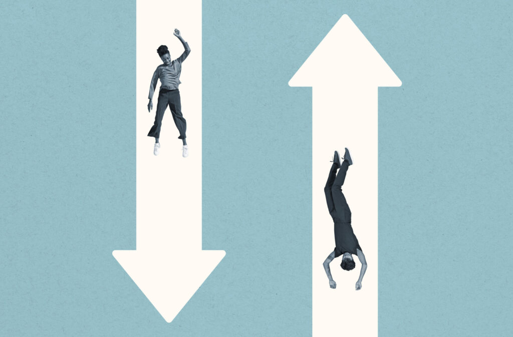 Young-woman-and-man-falling-over-white-arrows