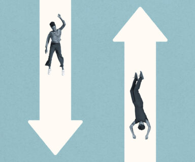 Young-woman-and-man-falling-over-white-arrows