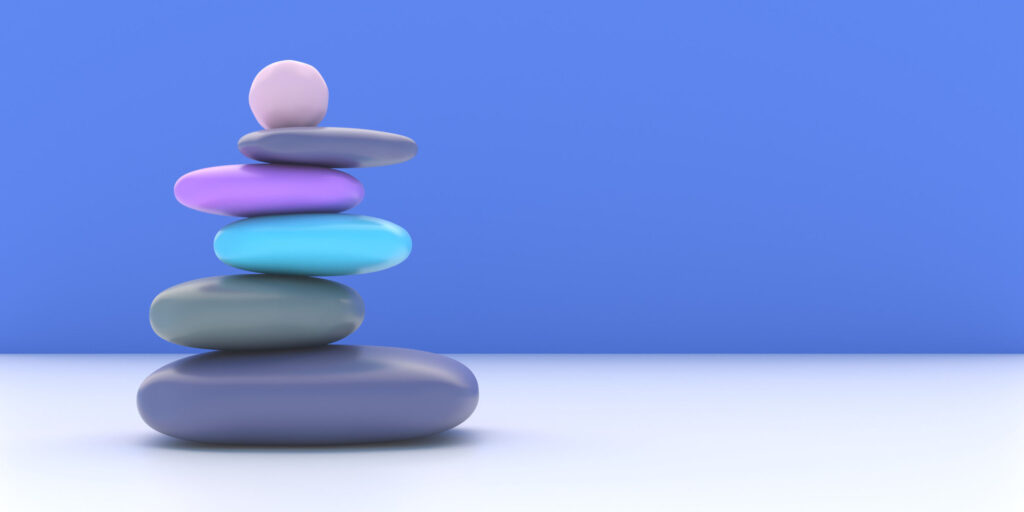 Zen-stones-smooth-pebbles-pyramid-stacked-balance-on-blue-wall-background.-3d-illustration