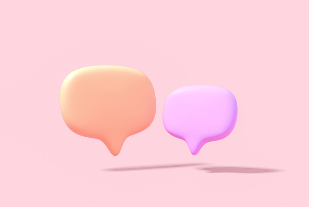 3D Minimal purple and orange chat bubbles on pink background. concept of social media messages. 3d render illustration